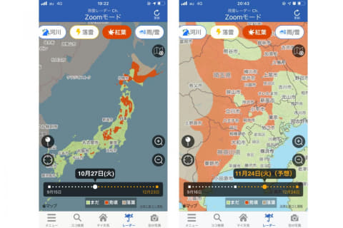 ウェザーニュースに 紅葉レーダー 色づきを250mメッシュで3段階表示 Impress Watch